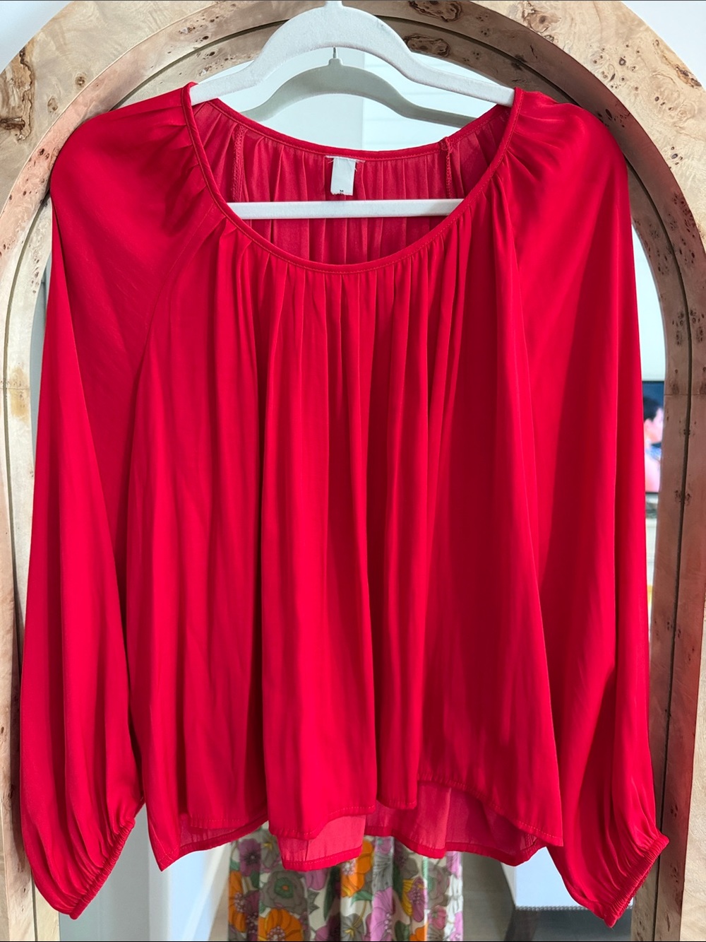 Classic Vibrant Red Long-Sleeve Women’s Blouse Silk texture